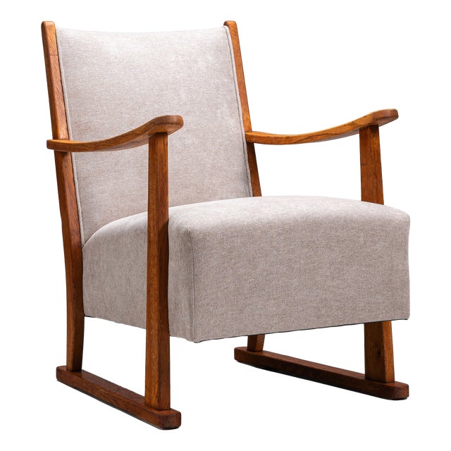 Oak Armchair with Curved Armrests, 1940s For Sale