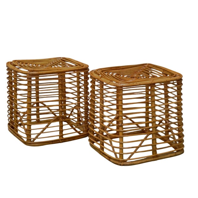 Mid-Century Modern Square Rattan and Bamboo Stools by Tito Agnoli, Italy, 1960s, Set of 2 For Sale - Image 3 of 7