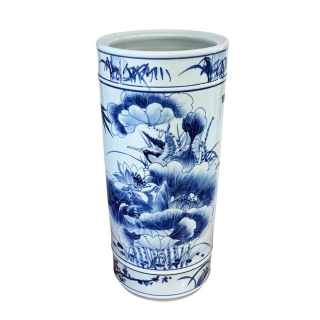 Chinoiserie Chinoiserie Blue and White Porcelain Vase/Umbrella Holder 20" H For Sale - Image 3 of 8