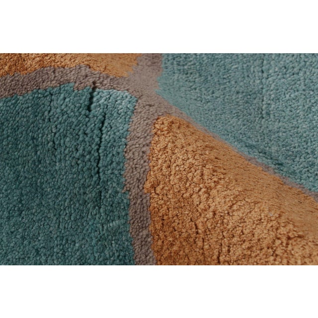 Orange Rug & Kilim’s Mid Century Modern Geometric Orange-Gold & Blue Wool and Silk Gallery Rug For Sale - Image 8 of 9