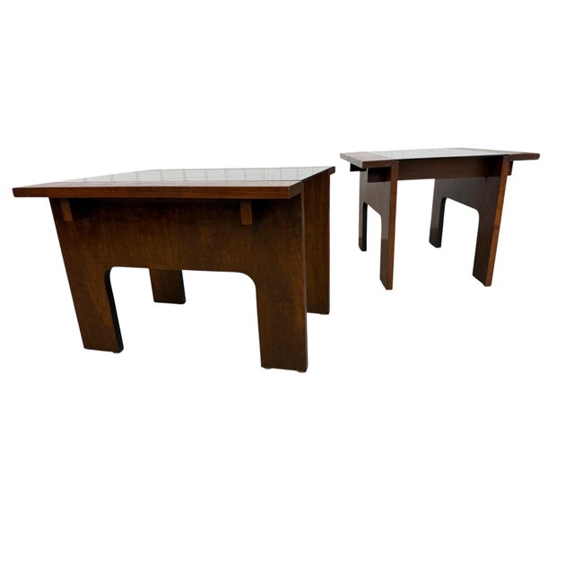 Lane Furniture Mid-Century Modern Lane Smoked Glass Walnut Side Tables - Set of 2 For Sale - Image 4 of 11