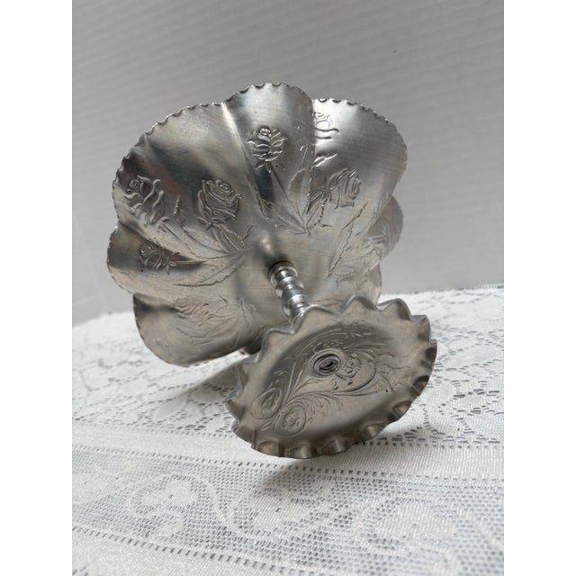 French Country Midcentury Floral Rose Etched Metal Pedestal Tray For Sale - Image 3 of 10