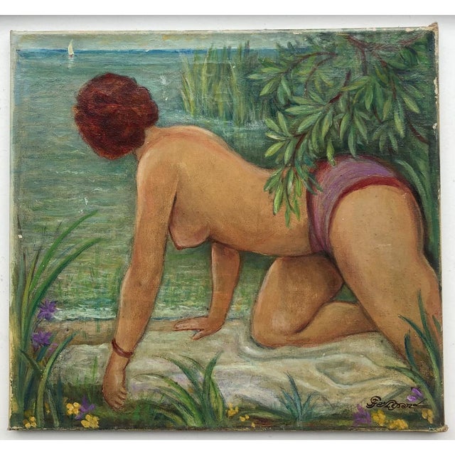 Jules Gaillepand, La Baigneuse Inquiète, 1932, Oil on Canvas, in Flawless conditions. Designed 1920 to 1949 This piece has...