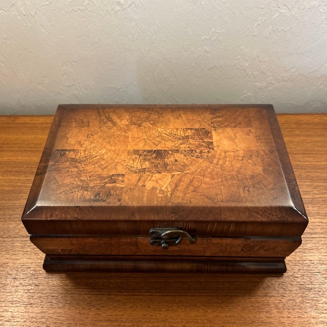 Wooden storage box featuring a decorative burl wood veneer pattern and an antique style metal front latch multiple purpose...