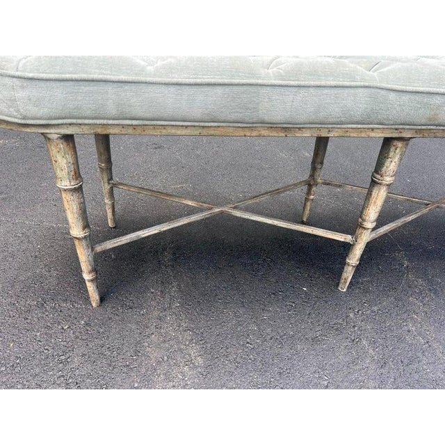 Slate Gray Modern Faux Bamboo Tufted Velvet Bench in Grey Blue Upholstery For Sale - Image 8 of 18