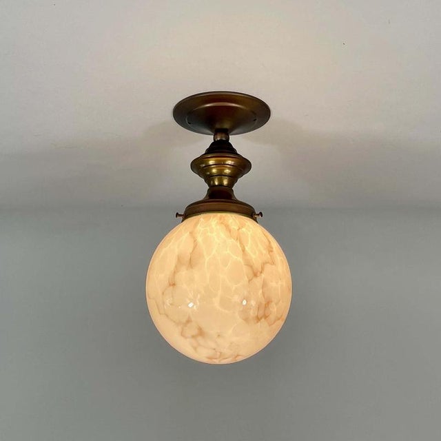 Brown Art Deco Pale Rose Marbled Opaline and Brass Flush Mount, Germany, 1920s For Sale - Image 8 of 12