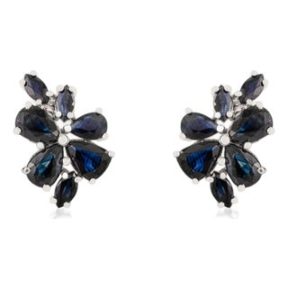 Modernist Solid Silver Blue Sapphire Floral Cluster Stud Earrings- A Pair For Sale
