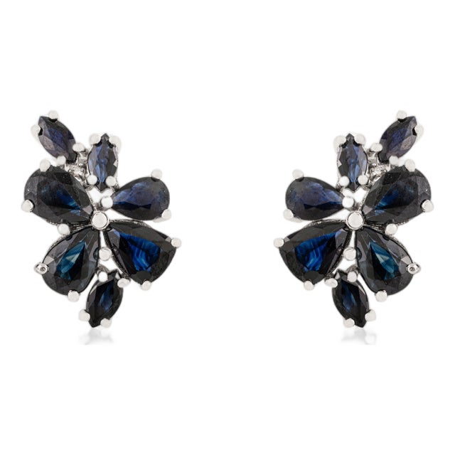 Modernist Solid Silver Blue Sapphire Floral Cluster Stud Earrings- A Pair For Sale