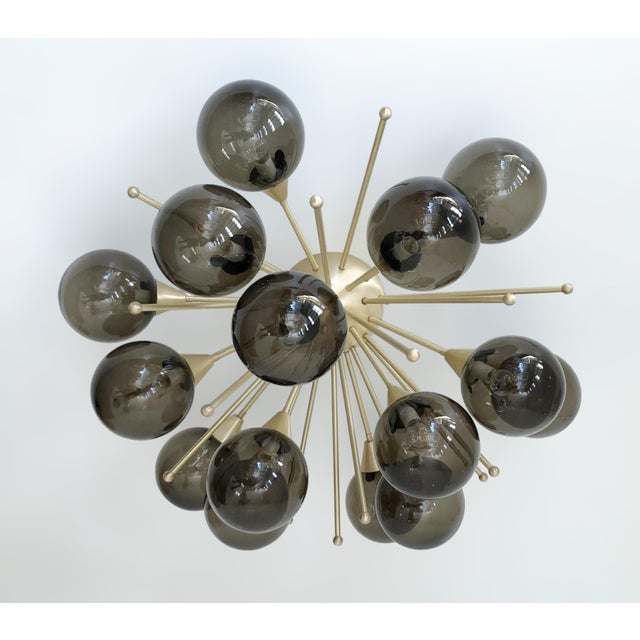 Italian sputnik flush mount with smoky Murano glass globes mounted on solid brass frame in satin brass finish / Made in...