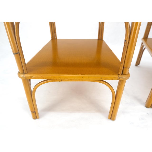 Pair c1970s Bamboo Rattan Two Tier Rippled Glass Top Rectangle End Side Tables For Sale - Image 10 of 14