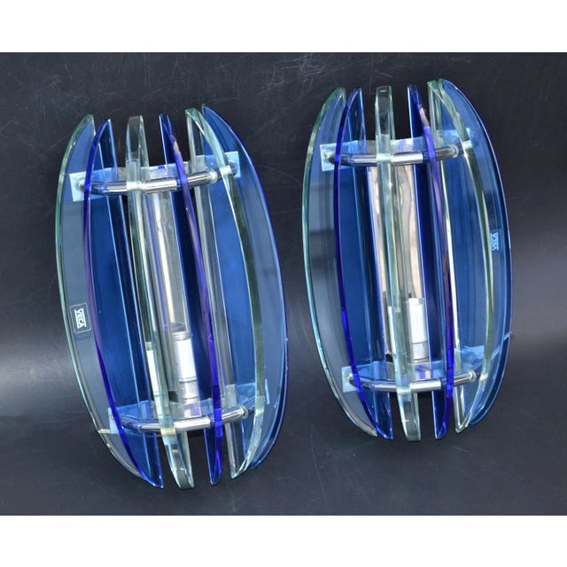 1970s Italian Glass & Chrome Sconces by Veca Blue & Clear Mid-Century Modern - Pair For Sale - Image 5 of 13