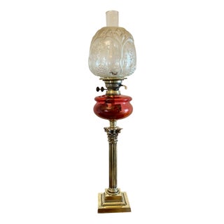 Antique Victorian Cranberry Glass Oil Lamp on Brass Corinthian Column, 1860 For Sale