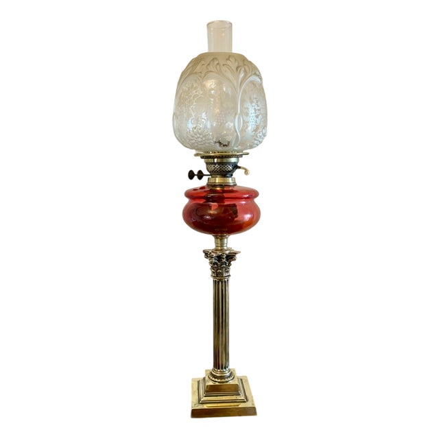 Antique Victorian Cranberry Glass Oil Lamp on Brass Corinthian Column, 1860 For Sale