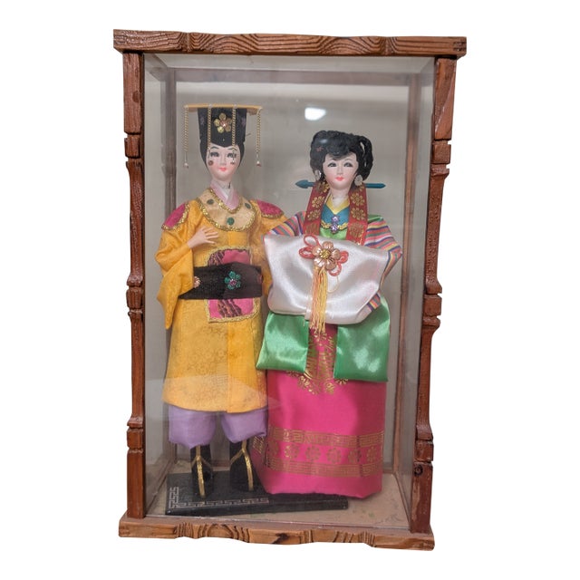 Vintage Korean Wedding Dolls in Glass & Wooden Case For Sale