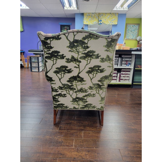 Late 20th Century Green & Taupe Velvet Wingback Lounge Chairs – A Pair For Sale - Image 4 of 4