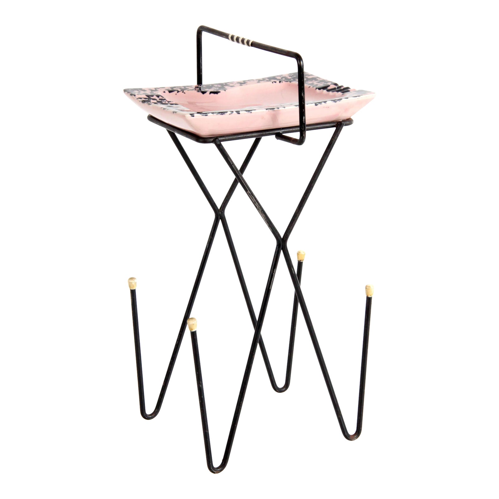 Mid Century Modern Pink Ceramic & Wrought Iron Hairpin Ashtray Stand