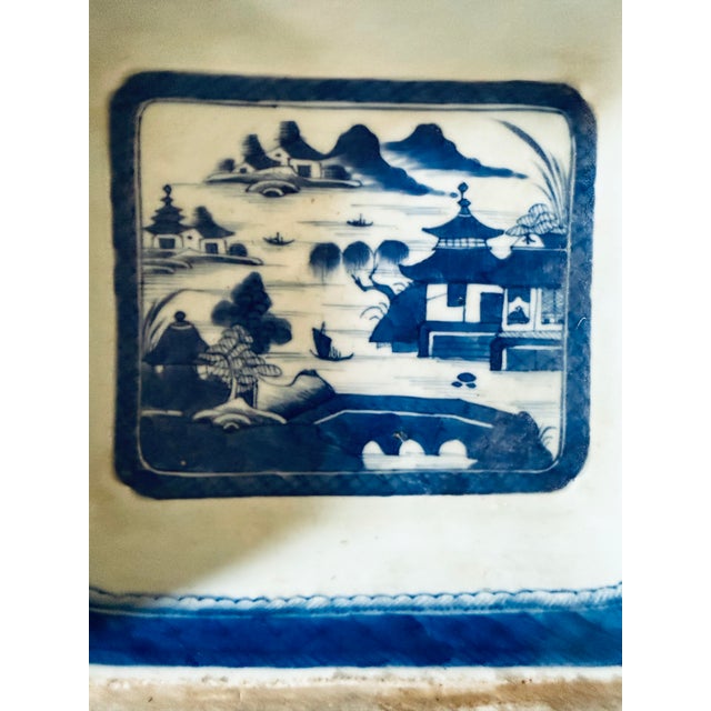 Blue Antique Chinese Blue & White Export Porcelain Serving Dish | Pagoda Landscape 19th Century For Sale - Image 8 of 12