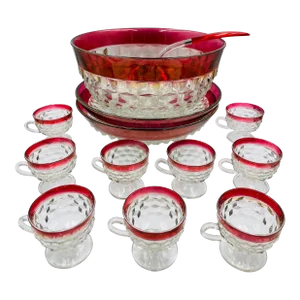 Mid 20th Century Ruby Red Diamond Point Punch Set- 13 Pieces
