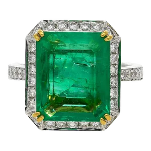 8 carat Colombian Emerald in 18K White Gold Diamond Halo Ring, Size 7