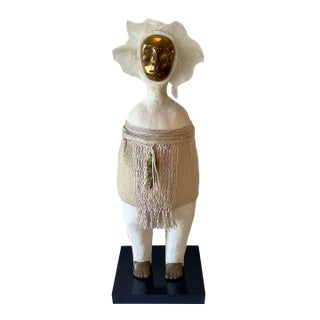 1980s Naida Seibel Mixed Media Figurative Sculpture With Brass Face & Feather Adornment, 27” H For Sale