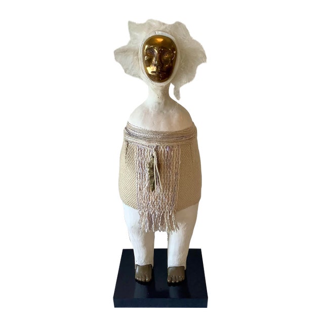 1980s Naida Seibel Mixed Media Figurative Sculpture With Brass Face & Feather Adornment, 27” H For Sale