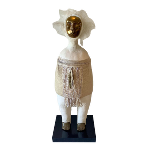 1980s Naida Seibel Mixed Media Figurative Sculpture With Brass Face & Feather Adornment, 27” H