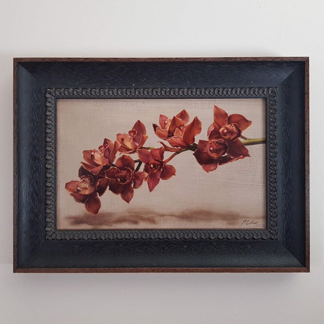 Cymbidium Orchids II by Narelle Zeller | Oil Painting of red cymbidium orchids on a branch For Sale