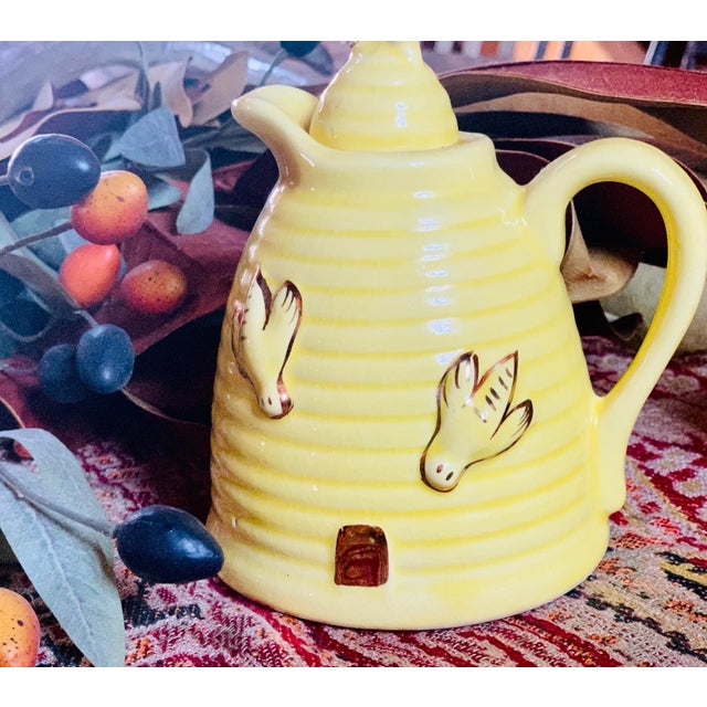 Vintage Beehive Shaped Porcelain Honey Pot With Bee Decorations and