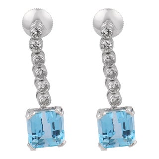 Vintage 6.60 Carat Aquamarine Diamond Platinum Drop Earrings, A Pair For Sale