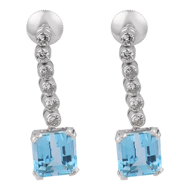 Vintage 6.60 Carat Aquamarine Diamond Platinum Drop Earrings, A Pair For Sale