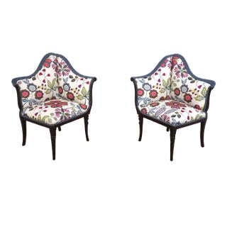 Pair Stunning Newly Upholstered Vintage Corner Fireside Chairs For Sale