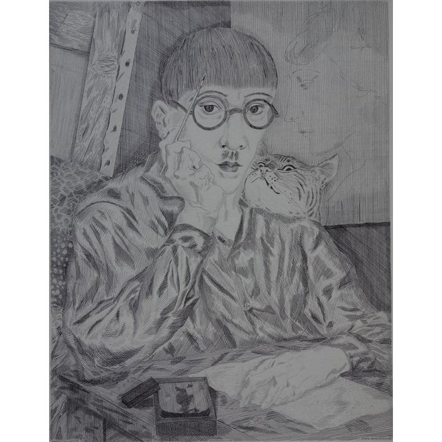 Tsuguharu Leonard FOUJITA Self-portrait with cat Original drypoint engraving Signed in the plate at the top right On...