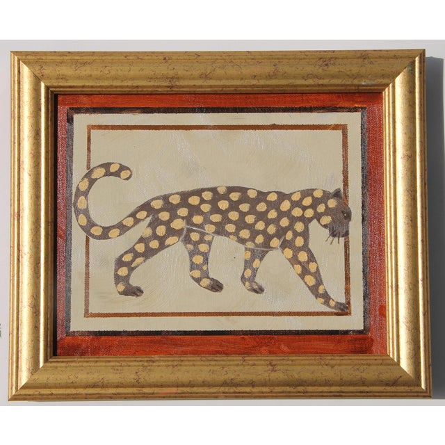 Cleo Plowden Leopard Minimalism Folk Art English Traditional Goldenrod Brown Sienna Original Oil Painting by Cleo Plowden For Sale - Image 4 of 5
