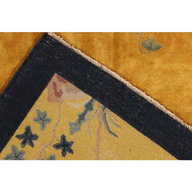 1980s Vintage Chinese Deco Style Rug in Gold, Deep Blue Border, Pastel Floral Patterns For Sale - Image 5 of 6