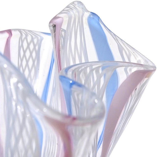 Murano Murano Fazzoletto White Pink Blue Ribbons Italian Art Glass Handkerchief Flower Vanity Vase For Sale - Image 4 of 6