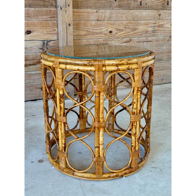 Mid-20th Century Coastal Refinished Tortoise Rattan Cane Drum Side Table For Sale - Image 11 of 11