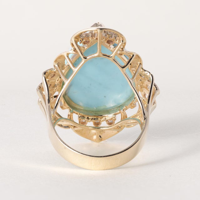 Vintage 14k Gold 19 Carat Turquoise Pear Shape and Diamond Cocktail Ring, Size 7.5 For Sale In Los Angeles - Image 6 of 6