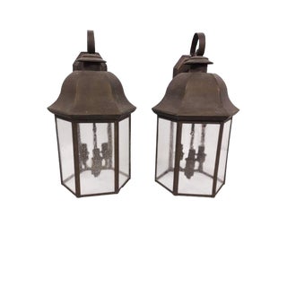 Large Copper/Brass Patina Architectural Outdoor Wall Hanging Copper Lanterns - Pair For Sale