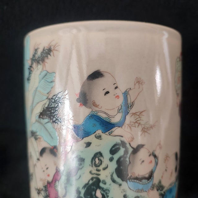 Early 20th Century Chinese Ceramic Pot,Tongzhi Marked Famille Rose Porcelain Brush Pot Hand Painted Playing Children Pattern For Sale - Image 5 of 10