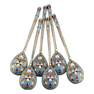 Antique Russian Silver Enamel Cloisonne Spoons by Dmitrii Nikolaevich Nikolaev, 1900s, Set of 6 For Sale