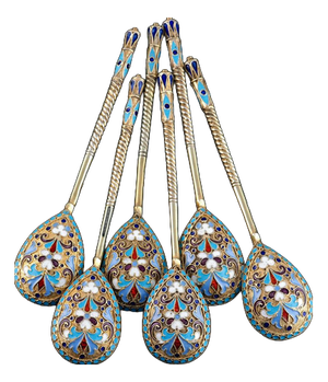 Antique Russian Silver Enamel Cloisonne Spoons by Dmitrii Nikolaevich Nikolaev, 1900s, Set of 6