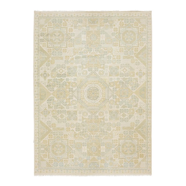 Modern Khotan Style Hand-Knotted Wool Area Rug – Geometric Muted Pastels 10x14 For Sale