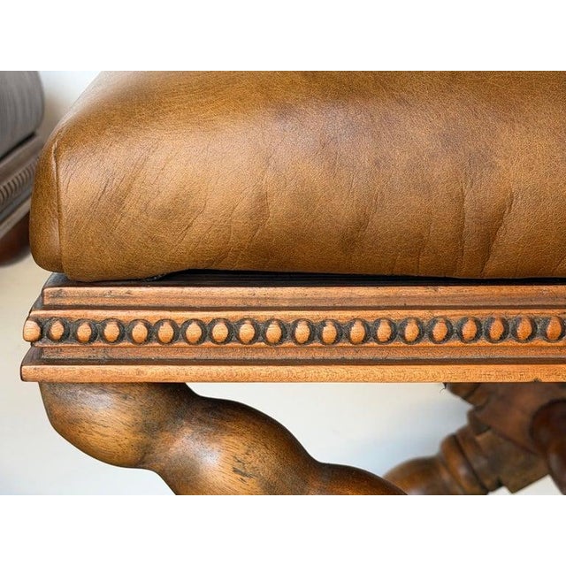 Mid 20th Century Pair of Spanish Colonial Baroque Bobbin - X-Base Stools With Distressed Leather For Sale - Image 5 of 15