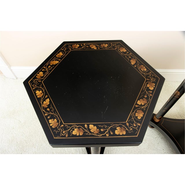 Black Pair of Ebonized and Parcel Gilt Hexagonal Side Tables For Sale - Image 8 of 9