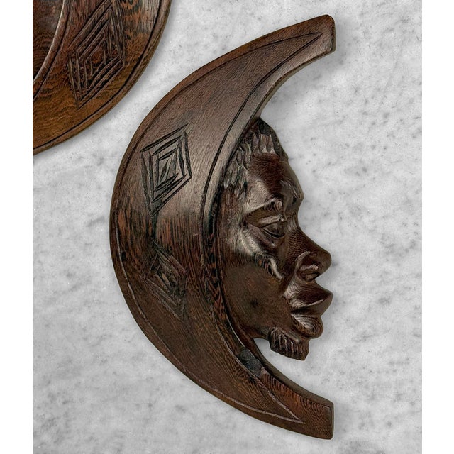 Vintage African Tribal Carved Crescent Moon Man & Women Wall Sculptures - A Pair For Sale - Image 6 of 10