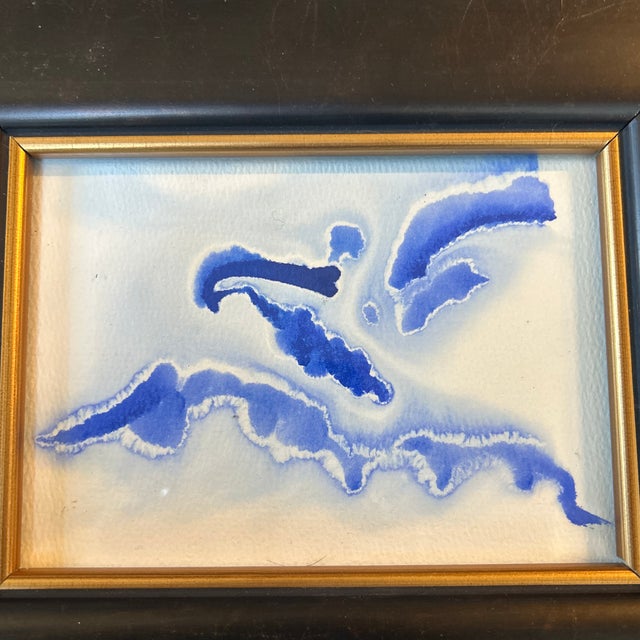 Contemporary original blue ink abstract water color painting. 7x5 or approximately 12x10 framed. Check out my shop Robins...