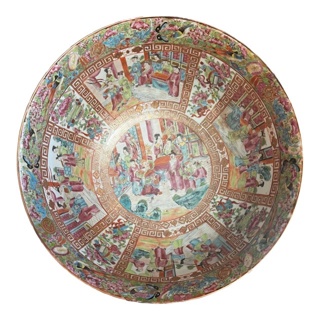 Large 19th Century Chinese Export Rose Medallion Punch Bowl For Sale