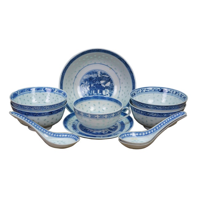 Vintage Chinese Rice Eye Grain Translucent Blue Porcelain Dinnerware - 10 Pc For Sale