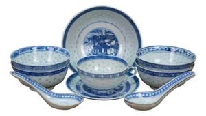 Vintage Chinese Rice Eye Grain Translucent Blue Porcelain Dinnerware - 10 Pc