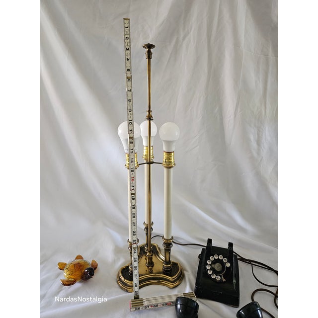 Brass Vintage 1970's Stiffel French Bouillotte Brass Candlestick 3-Light Lamp For Sale - Image 8 of 9
